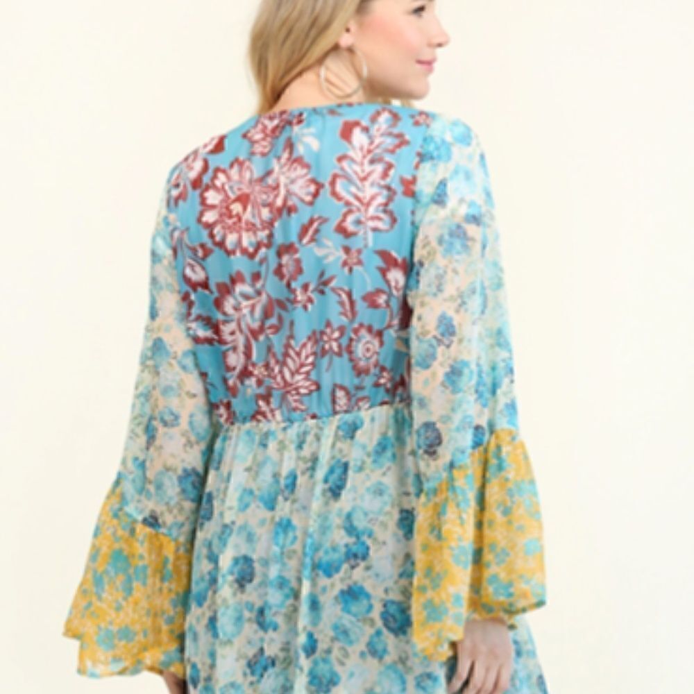 Boho Mixed Floral Bell Sleeves Tie Front Kimono Beach Cover Hippie Festival Vibe - Picture 6 of 11